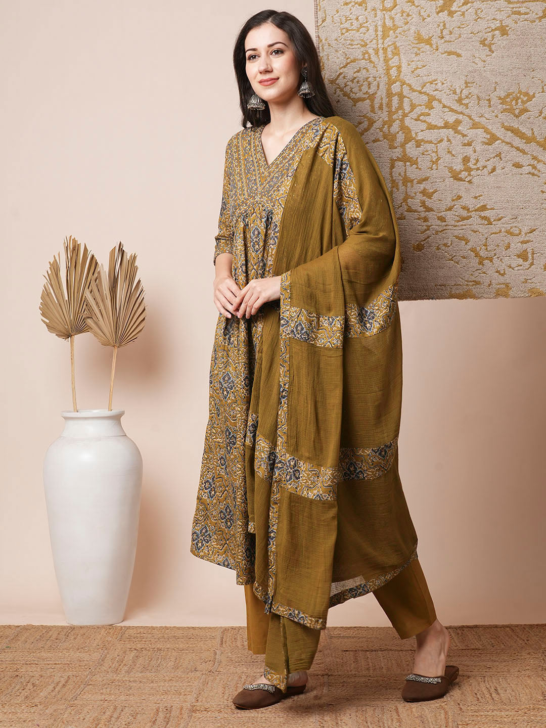 Floral Printed Mirror & Resham Embroidered Kurta with Pants & Dupatta - Multi