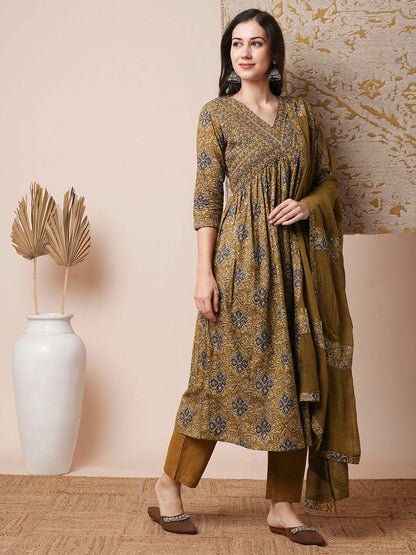 Floral Printed Mirror & Resham Embroidered Kurta with Pants & Dupatta - Multi