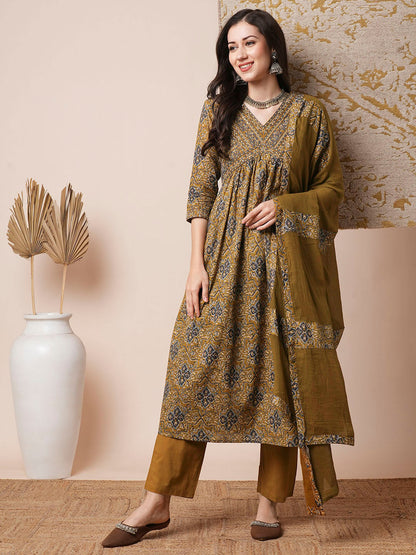 Floral Printed Embroidered A-Line Pleated Kurta with Pant and Dupatta - Mustard