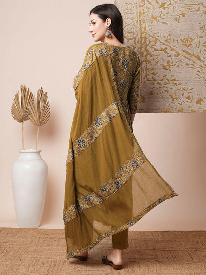 Floral Printed Mirror & Resham Embroidered Kurta with Pants & Dupatta - Multi