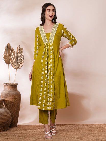 Solid Ethnic Embroidered A-Line Paneled Co-ord Set - Green