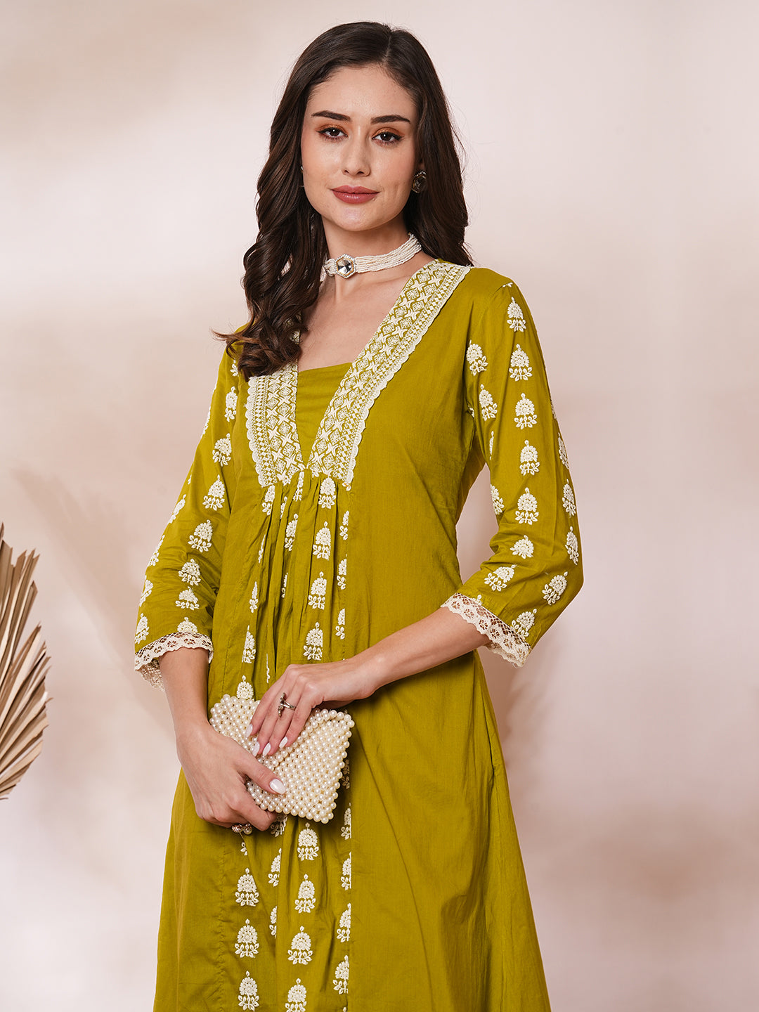 Solid Ethnic Embroidered A-Line Paneled Co-ord Set - Green