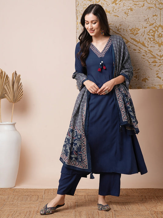 Solid Embroidered A-Line Paneled Kurta with Pant and Dupatta - Blue