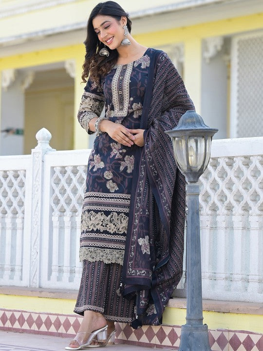 Black Floral Printed Pure Cotton Pakistani Style Kurta With Trousers & Dupatta