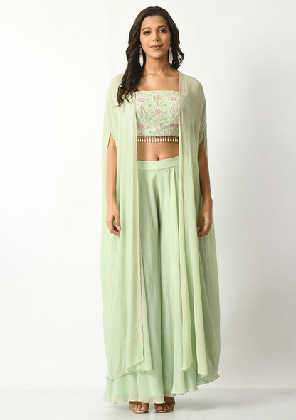 SALT AND SPRING Mint Green Sequin Embroidered Pants Set With Cape