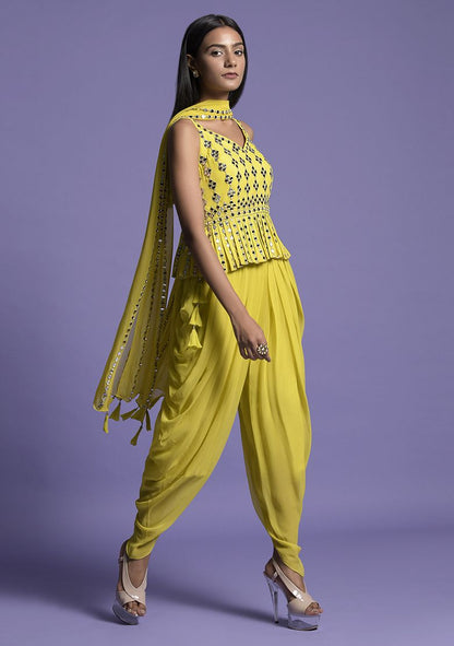 Yellow Mirror Embroidered Dhoti Set