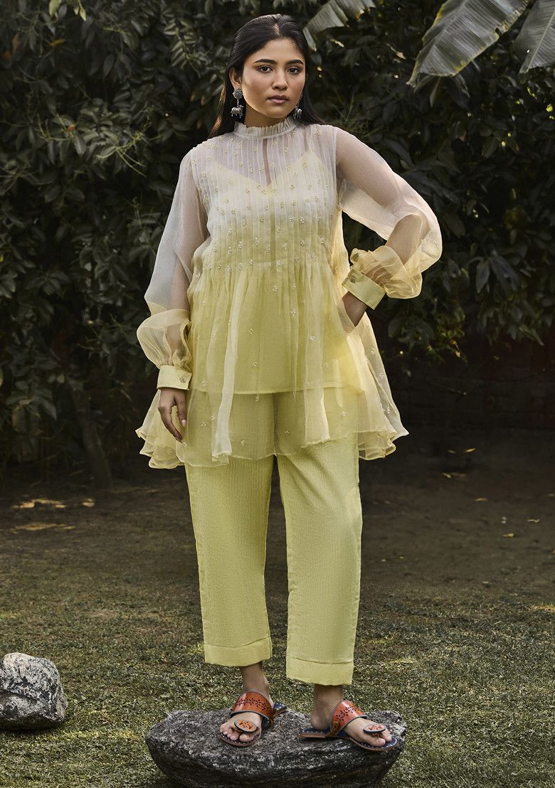 Yellow And Ivory Embroidered Hand Woven Organza Tunic Set