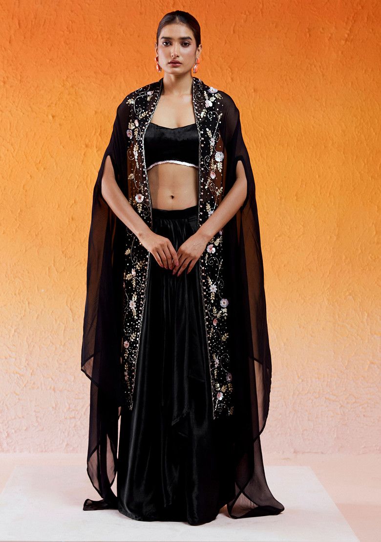 Black Sequin Embroidered Draped Skirt Set With Cape