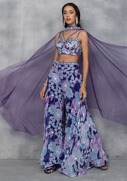 Purple Floral Print Sharara Set With Sequin Embellished Blouse And Dupatta