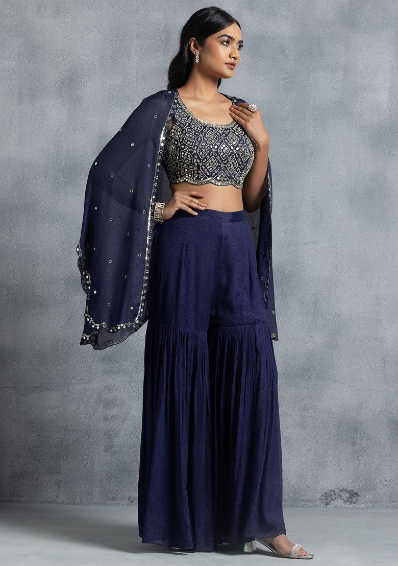 Indigo Blue Sharara Set With Bead Mirror Hand Embroidered Blouse And Embellished Jacket