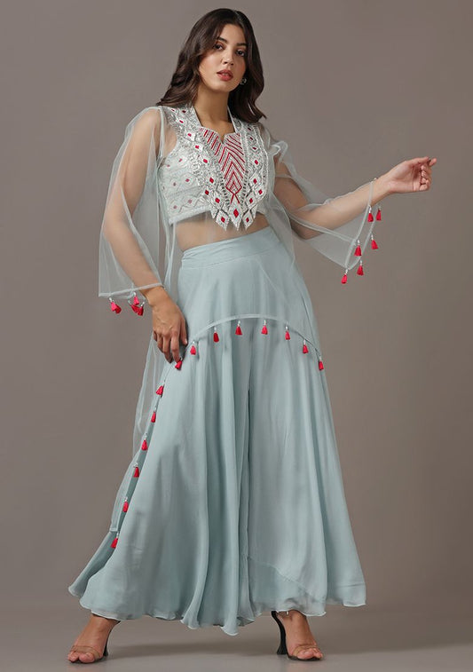 Blue Gota Sheer Kurta And Bustier With High Waisted Pants Set