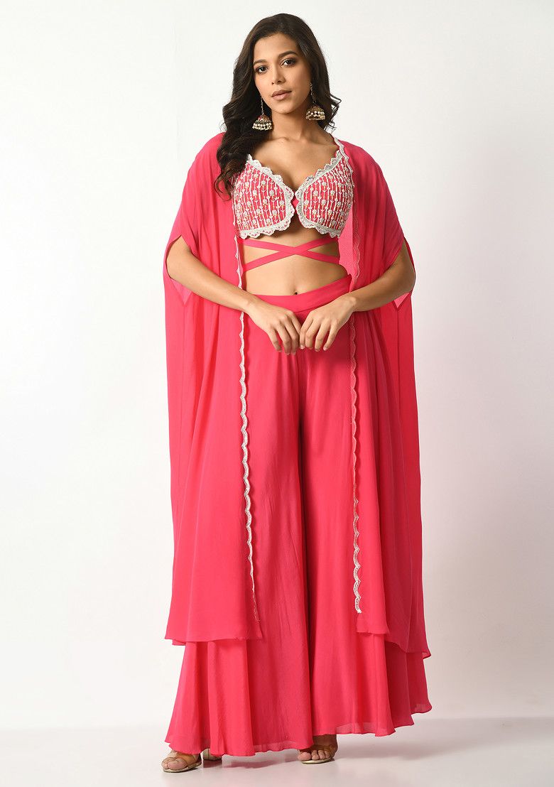 SALT AND SPRING Fuschia Sequin Embroidered Criss Cross Tie Pants Set With Cape