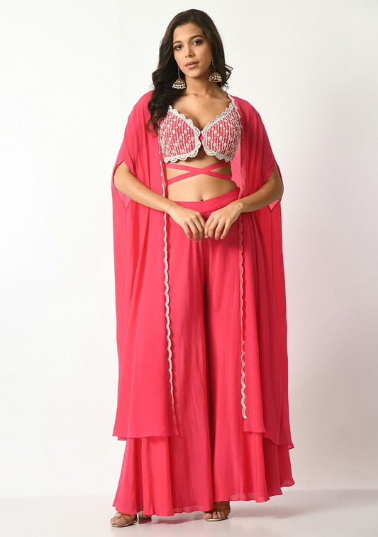 SALT AND SPRING Fuschia Sequin Embroidered Criss Cross Tie Pants Set With Cape