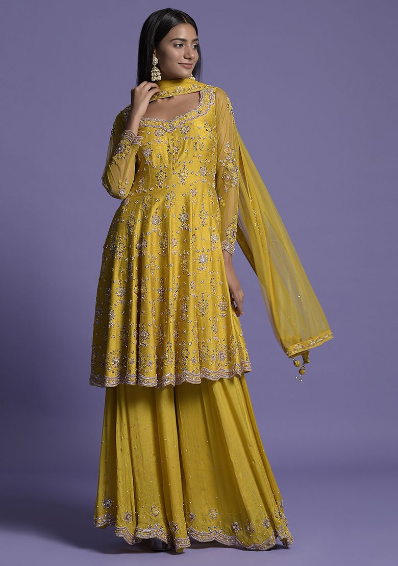 Yellow Silk Sequin Embroidered Short Anarkali Set