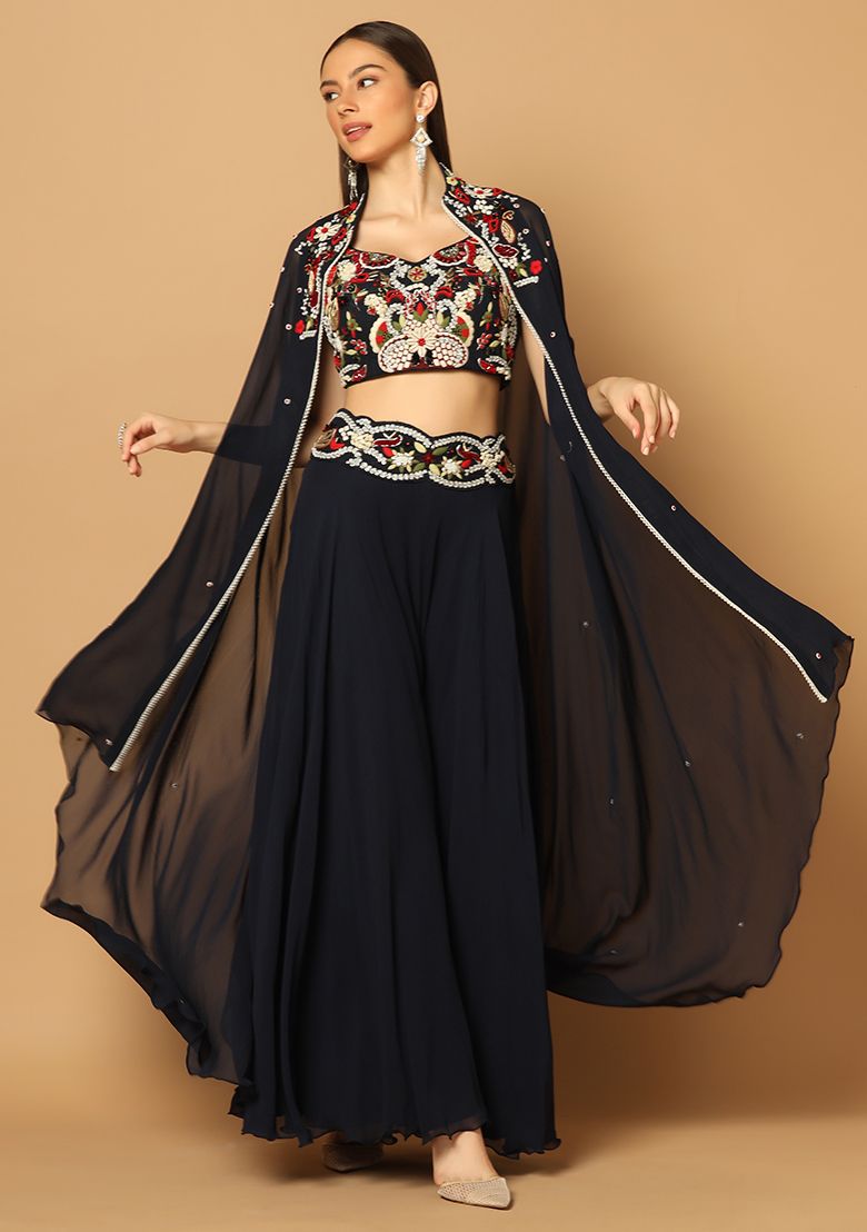 Navy Blue Cape And Sharara Set