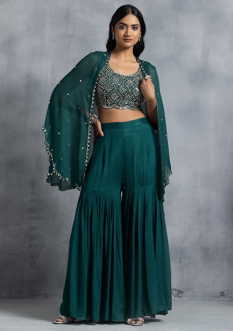 Deep Green Sharara Set With Bead Mirror Hand Embroidered Blouse And Embellished Jacket