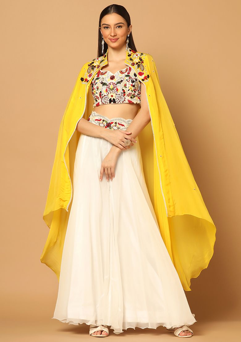 White And Yellow Cape Sharara Set