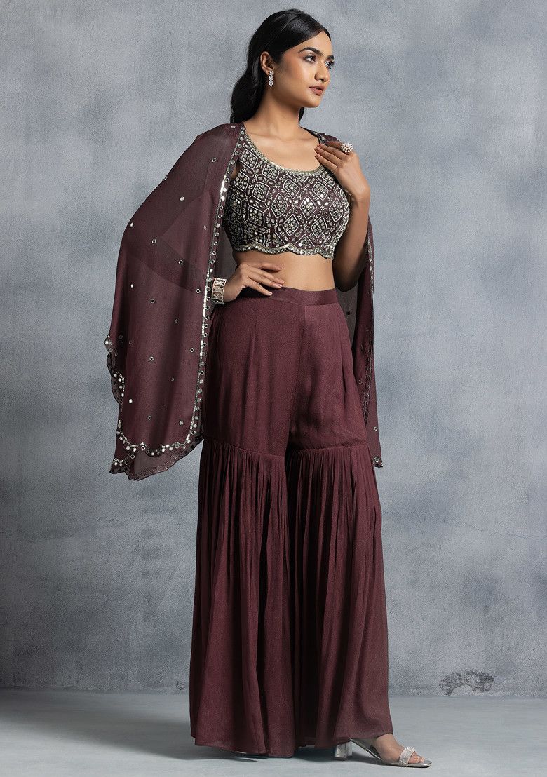 Wine Sharara Set With Bead Mirror Hand Embroidered Blouse And Embellished Jacket