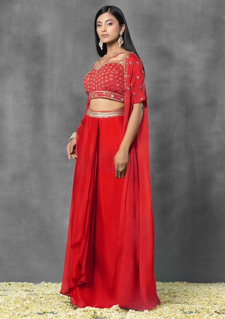 Red Jacket Set With Floral Sequin Hand Embroidered Blouse And Pleated Skirt