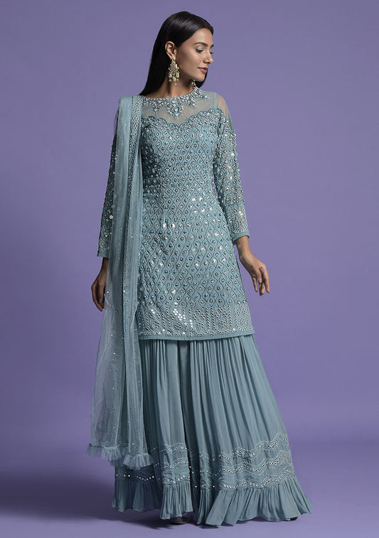 Blue Sequin Embroidered Georgette Kurta Set