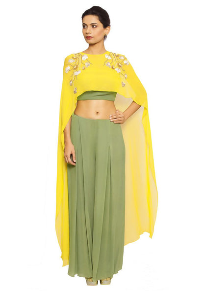 SALT AND SPRING Olive Green Crop Top And Pants Set With Cape