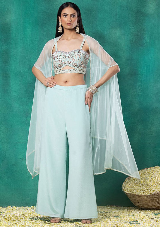 Seafoam Mesh Jacket Set With Sequin Pearl Embroidered Blouse And Pants