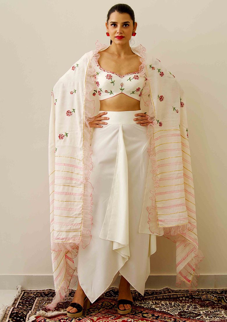 Ivory French Knot Embroidered Marigold Cape Set