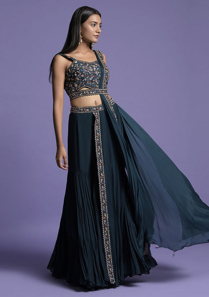 Teal Blue Sequin Embroidered Georgette Gharara Set