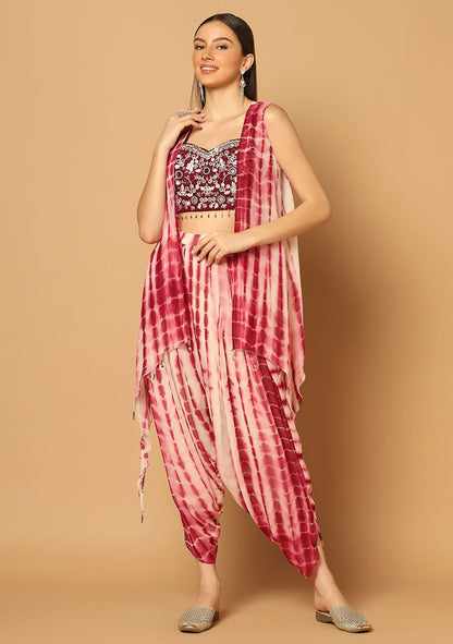 Maroon Tie Dye Dhoti and Cape Set