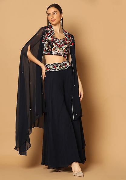 Navy Blue Cape And Sharara Set