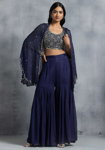 Indigo Blue Sharara Set With Bead Mirror Hand Embroidered Blouse And Embellished Jacket