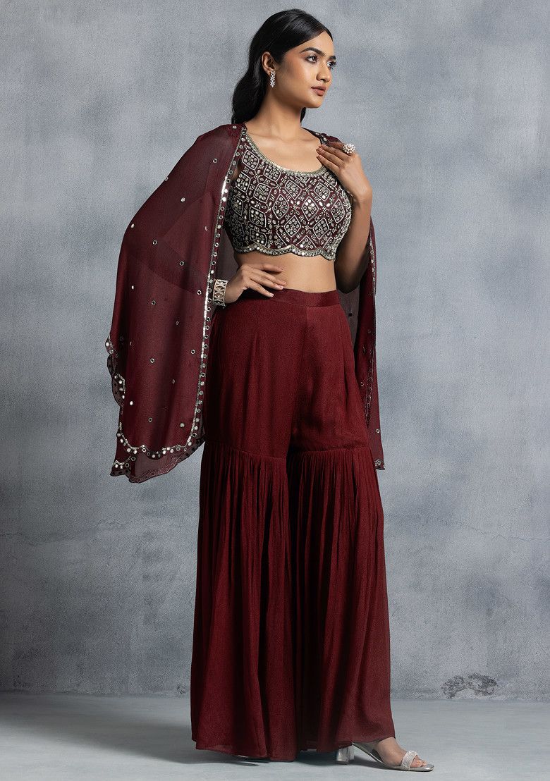 Maroon Sharara Set With Bead Mirror Hand Embroidered Blouse And Embellished Jacket