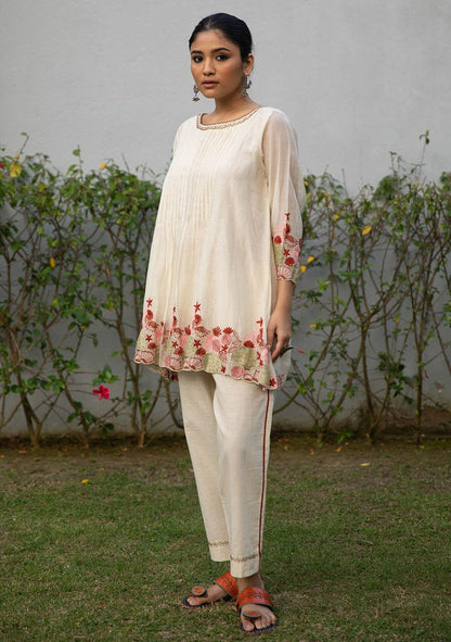 Ivory Embroidered Handwoven Cotton Silk Tunic Set