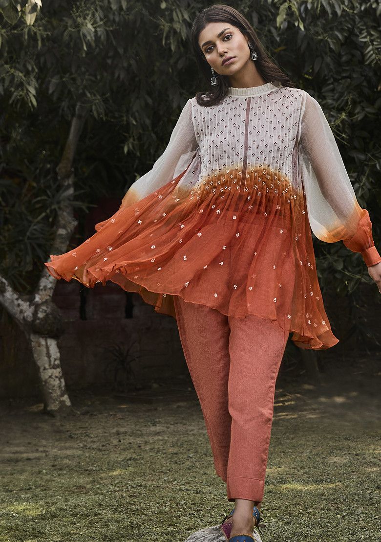 Rust Embroidered Handwoven Organza Tunic Set