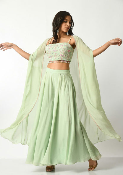 SALT AND SPRING Mint Green Sequin Embroidered Pants Set With Cape