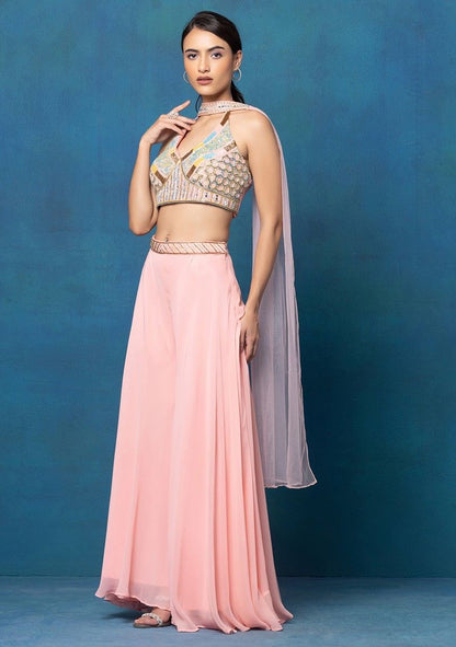 Light Pink Sharara Set With Multicolour Mirror Hand Embroidered Blouse And Dupatta