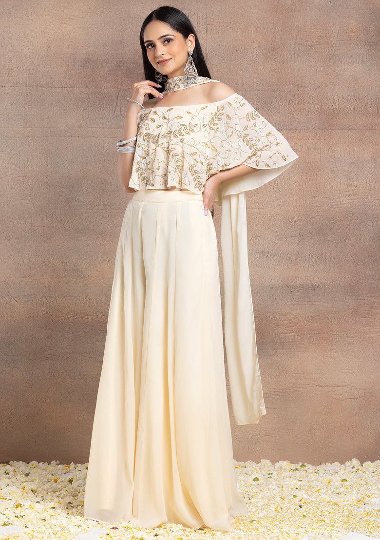 Ivory Sharara Set With Floral Bead Embroidered Blouse And Choker Dupatta