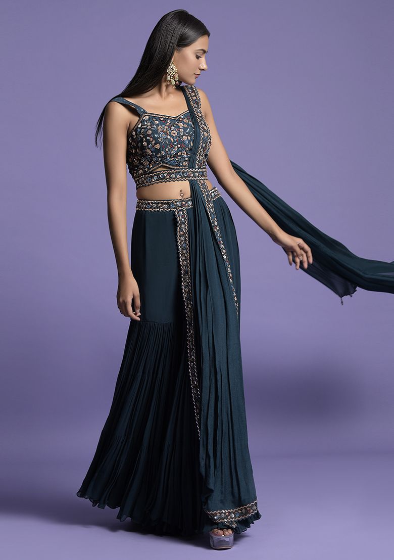 Teal Blue Sequin Embroidered Georgette Gharara Set