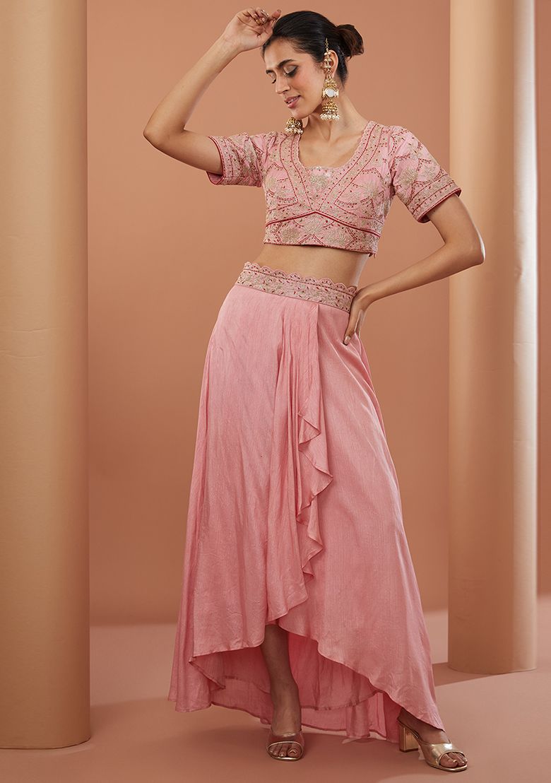 Pink Dori Embroidered Dupion Skirt Set