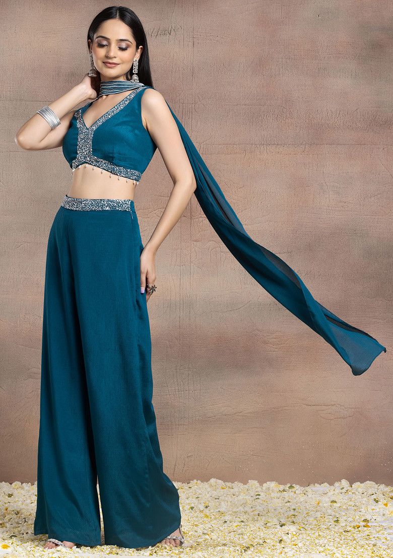 Teal Palazzo Set With Sequin Pearl Embroidered Blouse And Choker Dupatta