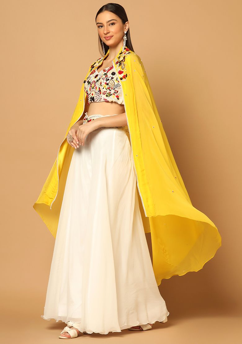 White And Yellow Cape Sharara Set