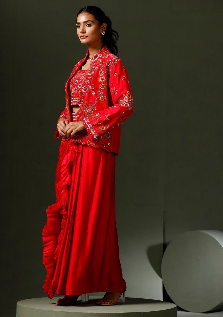 Red Embroidered Silk Jacket And Drape Skirt Set