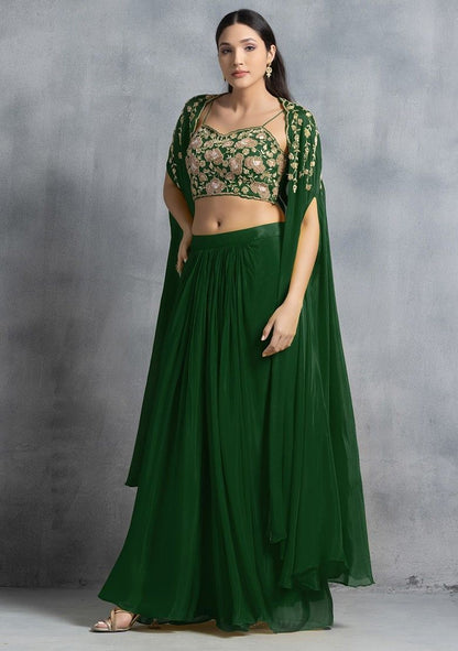 Dark Green Bead Embroidered Jacket Set With Floral Hand Embroidered Blouse And Pleated Skirt