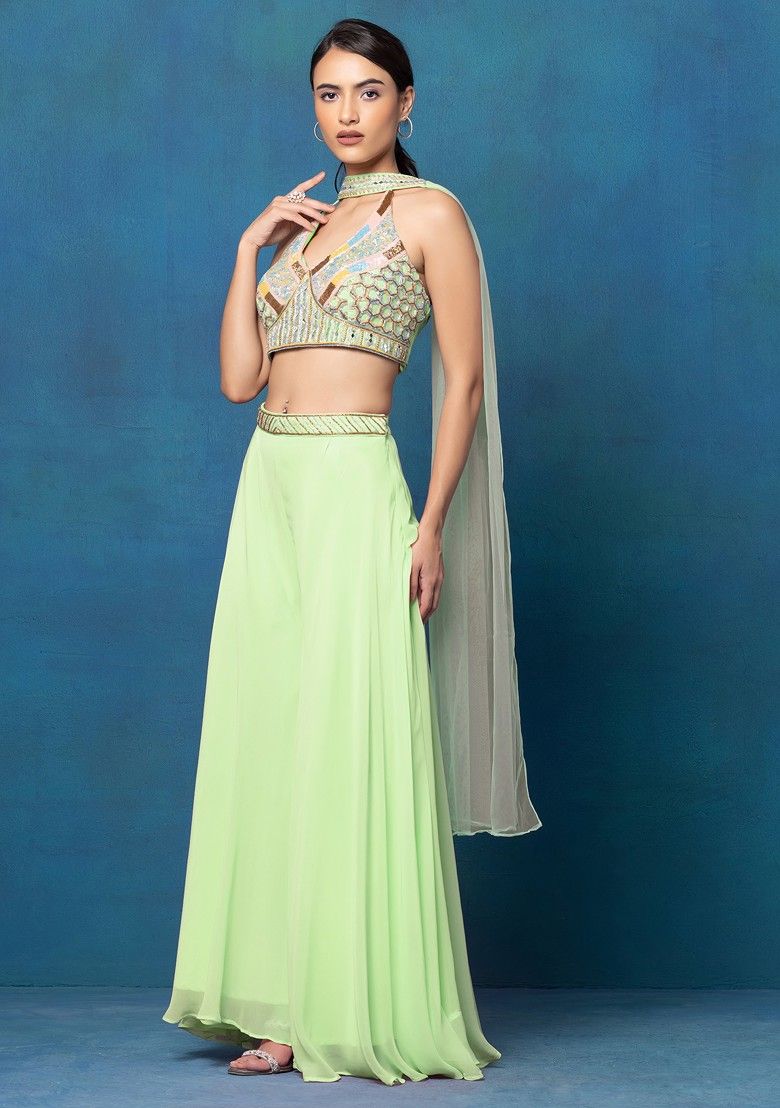 Pastel Green Sharara Set With Multicolour Mirror Hand Embroidered Blouse And Dupatta