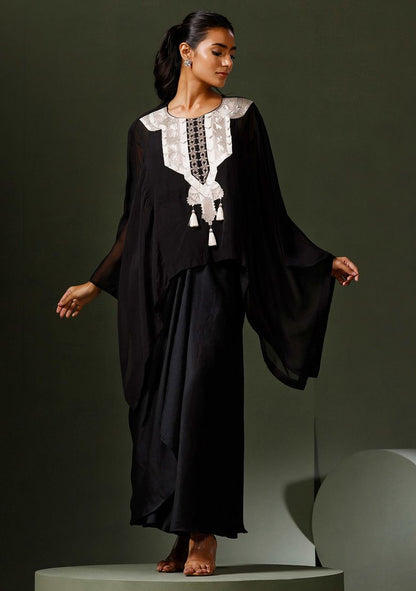 Black Embroidered Cape And Drape Skirt Set