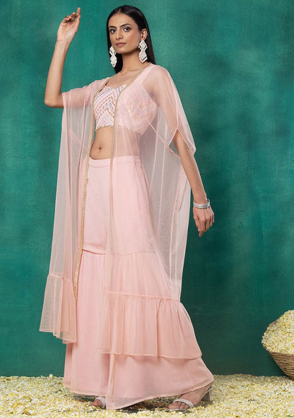 Pastel Pink Sharara Set With Gota Patti Embroidered Blouse And Mesh Jacket