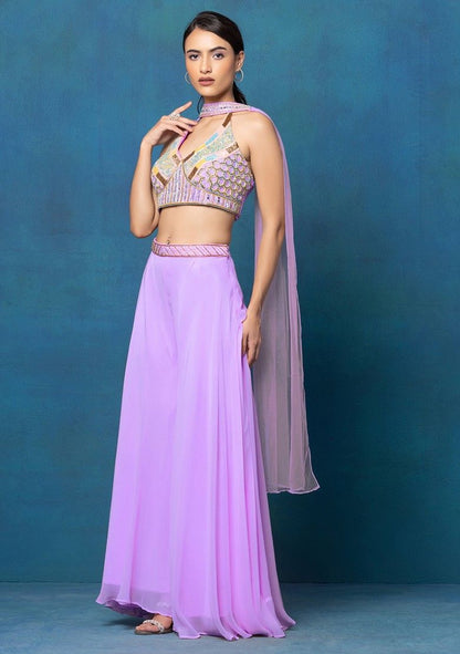 Lilac Sharara Set With Multicolour Mirror Hand Embroidered Blouse And Dupatta