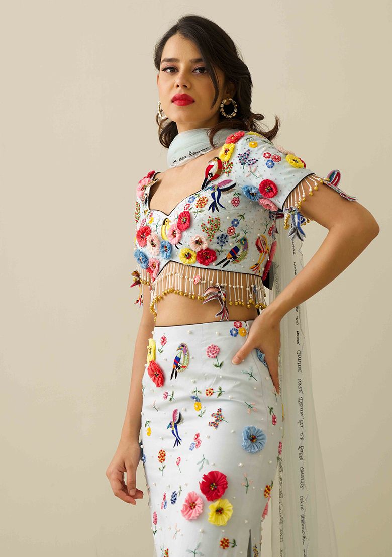 White Zardozi Embroidered Bharatpur Birds Skirt Dress Set