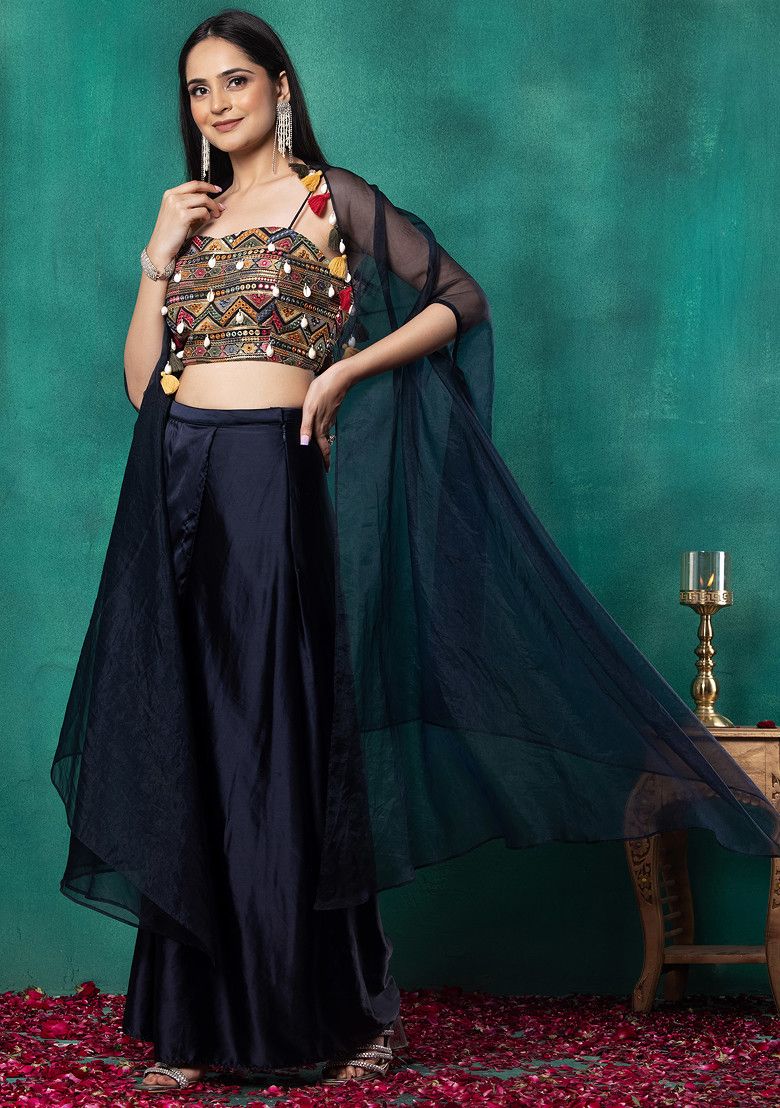 Navy Blue Organza Jacket Set With Mirror Thread Embroidered Blouse And Draped Skirt