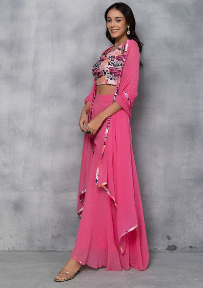 Pink Sequin Embellished Sharara Set With Multicolour Embellished Blouse And Dupatta